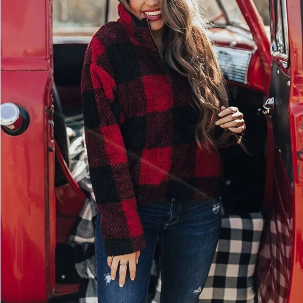 Women half zipBuffalo plaids sweater pullover tops Sherpa